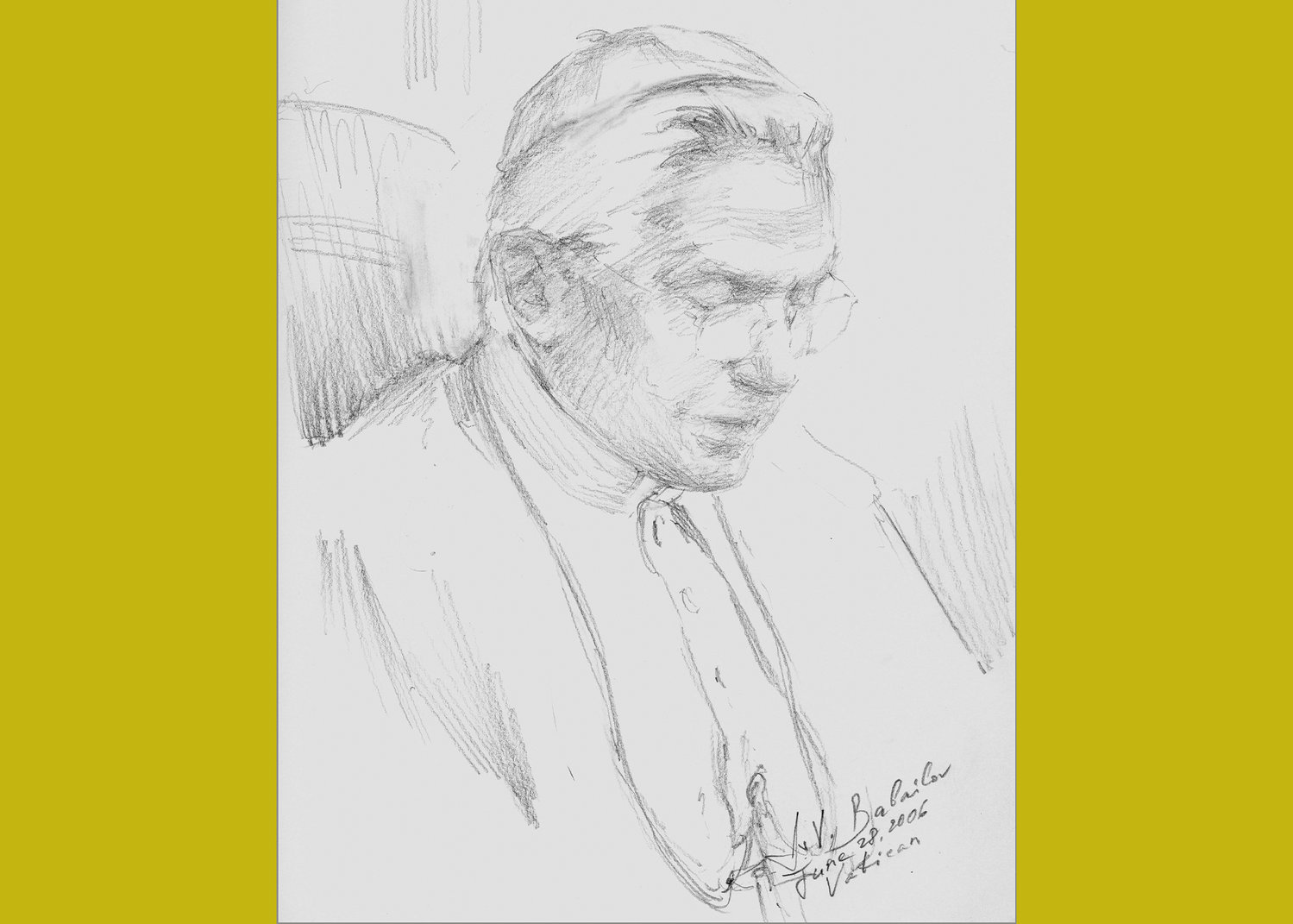 This sketch of Pope Emeritus Benedict XVI was done by Igor Babailov during an audience with the late pope and before he began his oil portrait of the pontiff. Babailov was commissioned in 2006 to do the pope’s official portrait and completed it a year later.